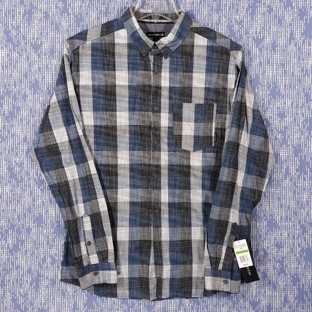 Ocean Current Shirt Mens Large Outdoor Plaid Button Down Cotton Blue Gray NEW